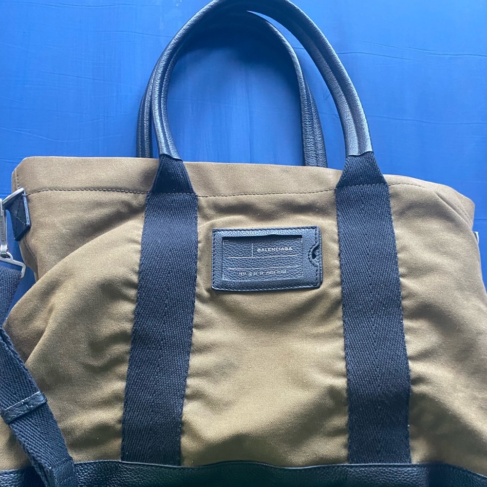 Balenciaga Unisex Surplus Olive Canvas Tote with Black Trim
